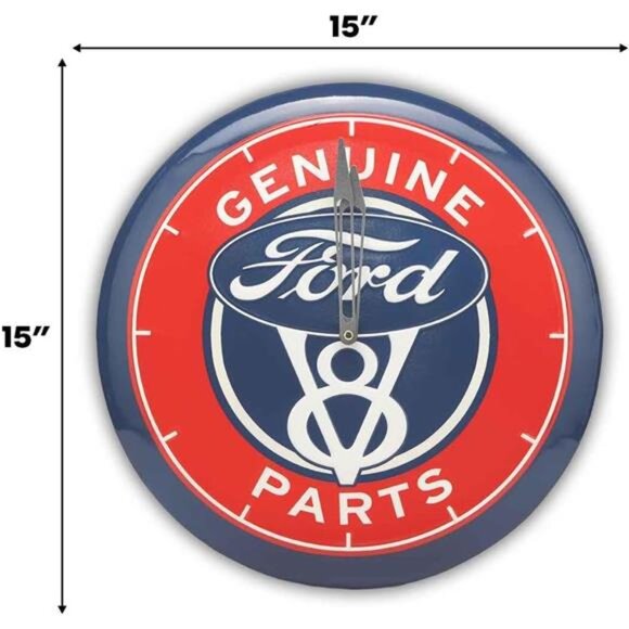 Official Ford V8 Genuine Parts Round Embossed Metal Hanging Wall Clock Collector - Picture 3 of 7